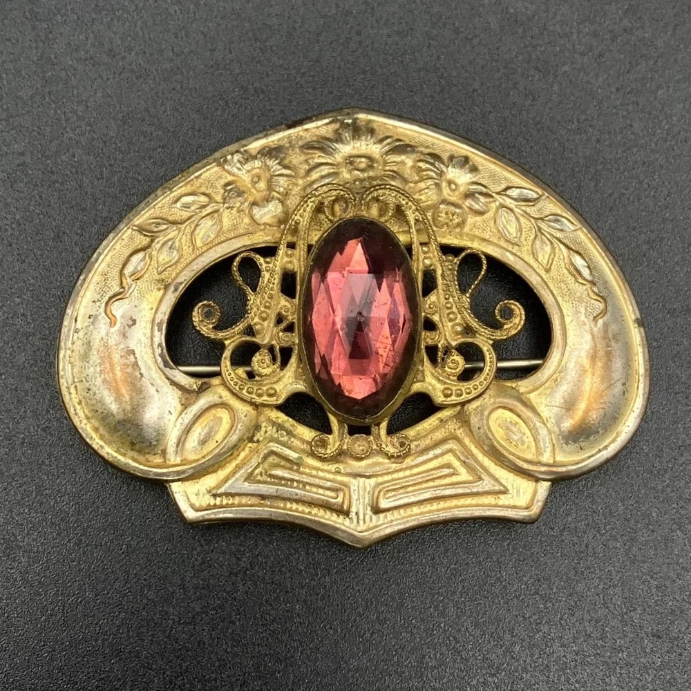 Vintage Sash Brooch Gold Tone Purple Glass Faceted Stone Edwardian Floral Large